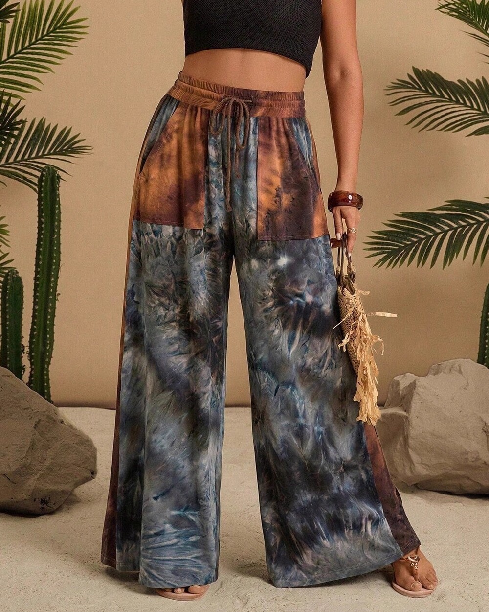 01875 | Boho Print High Waisted Wide Leg Pants |  Sizes M-3XL